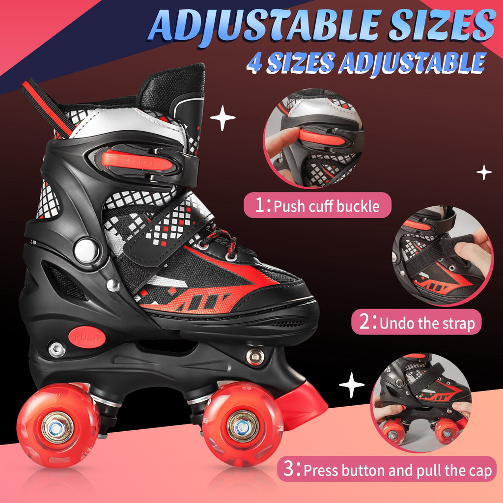 Bvivok Roller Skates for Boys, Adjustable 4 Sizes, with Light up Wheels, Black, M: 1-4