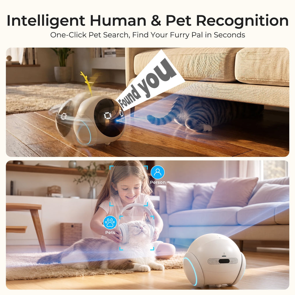 VividEye 2K Pet Camera Robot with AI, Movable Indoor WiFi Cam, Whole-Home Auto Patrol, Auto-Recharge, 360° Pet Finder, 2-Way Audio, Bark & Sound Alerts for Dogs and Cats